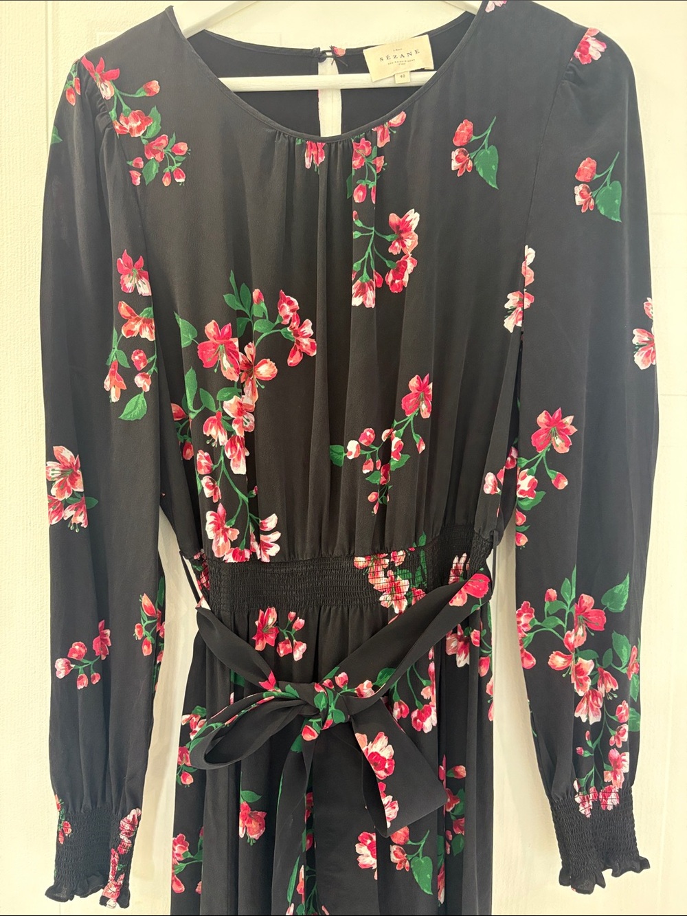 Sezane 100% Silk Black Floral Long-Sleeve Midi Dress with Pink and Green Accents